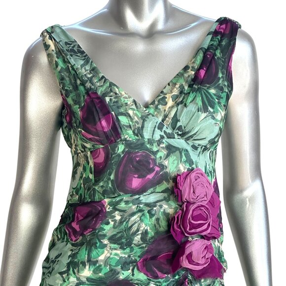 Nanette Lepore Silk Green & Purple Floral Print Sleeveless Dress with Ruching 4 - Picture 5 of 10